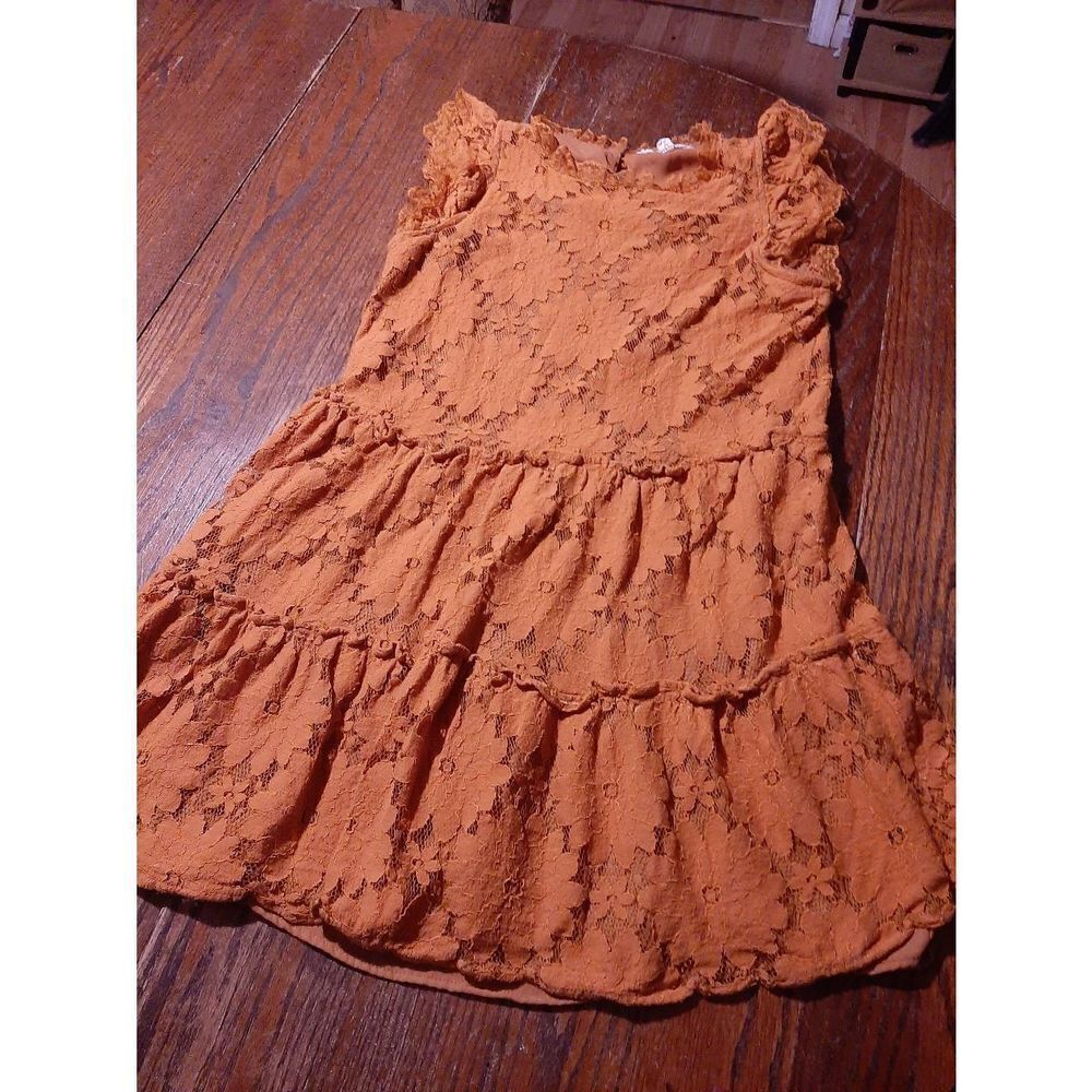 Small Blue Tassel Pumpkin Colored Lace Overlay Lined Short Sleeve Mini Dress